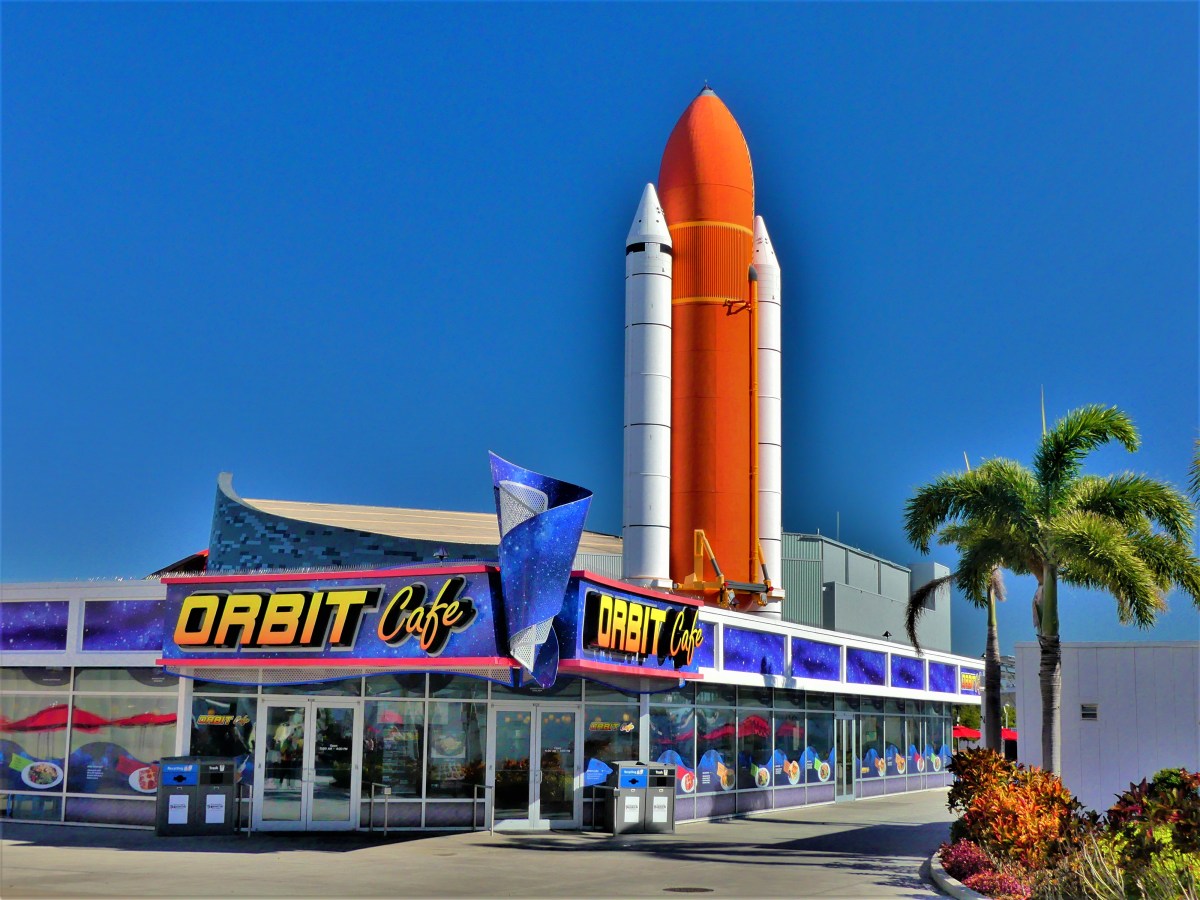 Saturn rocket and Orbit Cafe