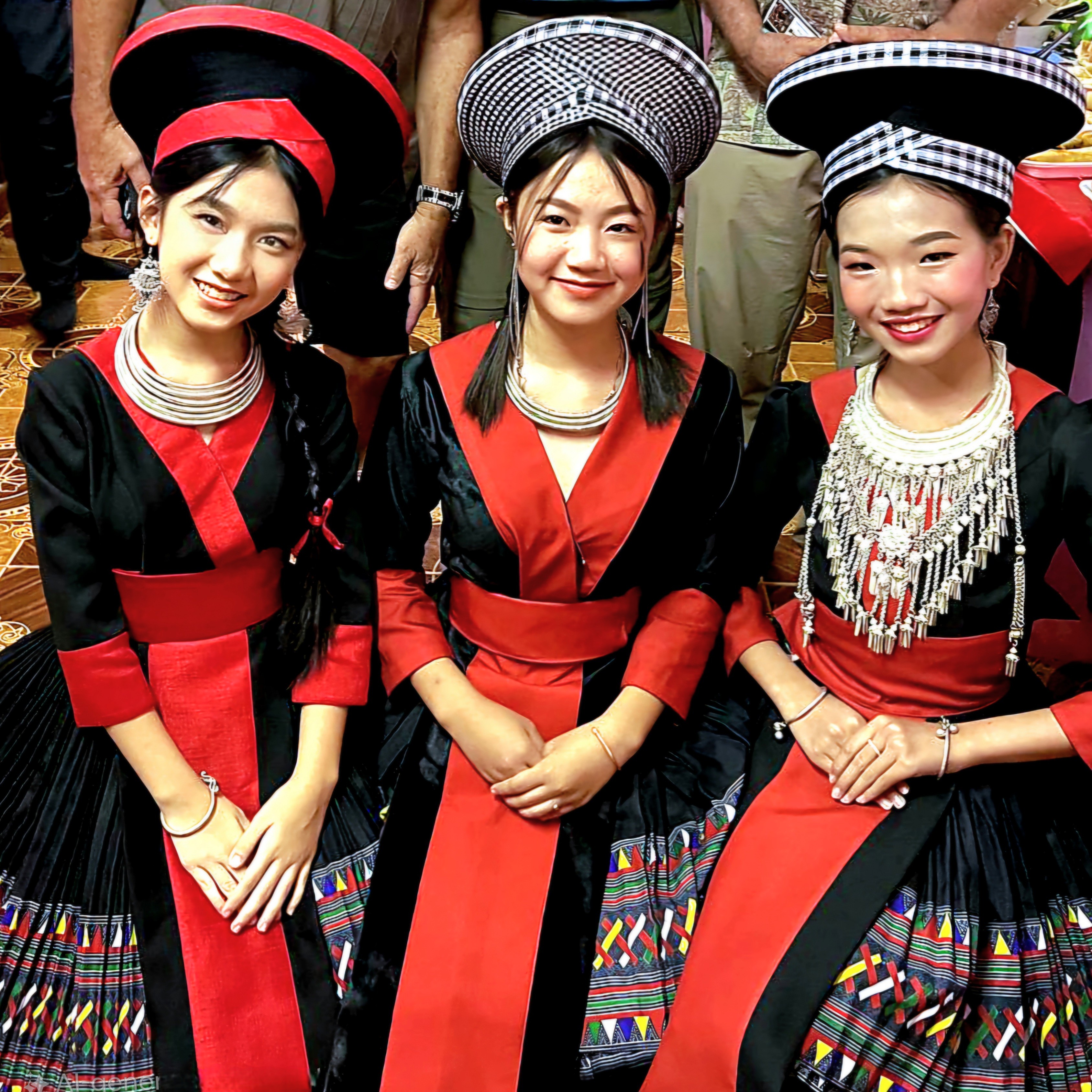 Three young women wearing traditional Lao attire with intricate patterns and accessories, smiling for the camera.