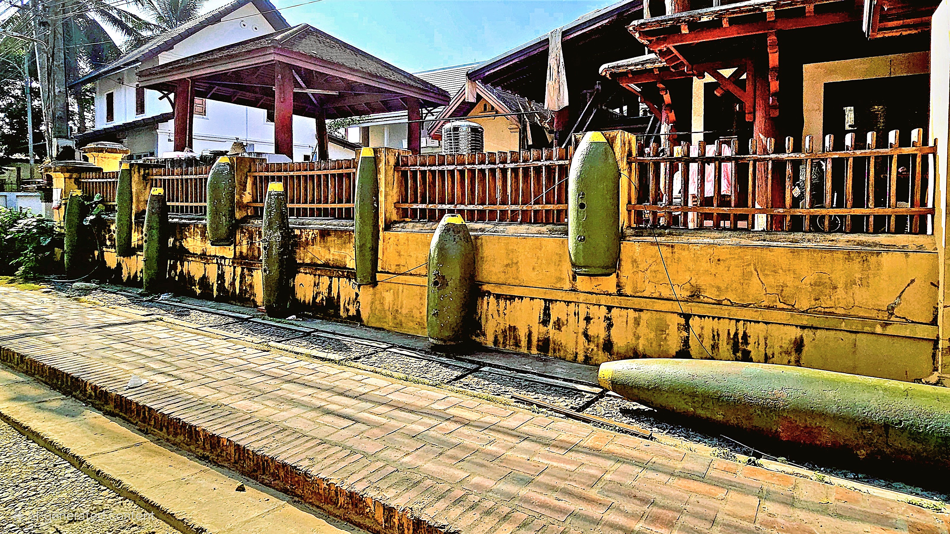 A row of large, old unexploded bombs displayed along a wall in Luang Prabang, Laos, with traditional wooden houses in the background.