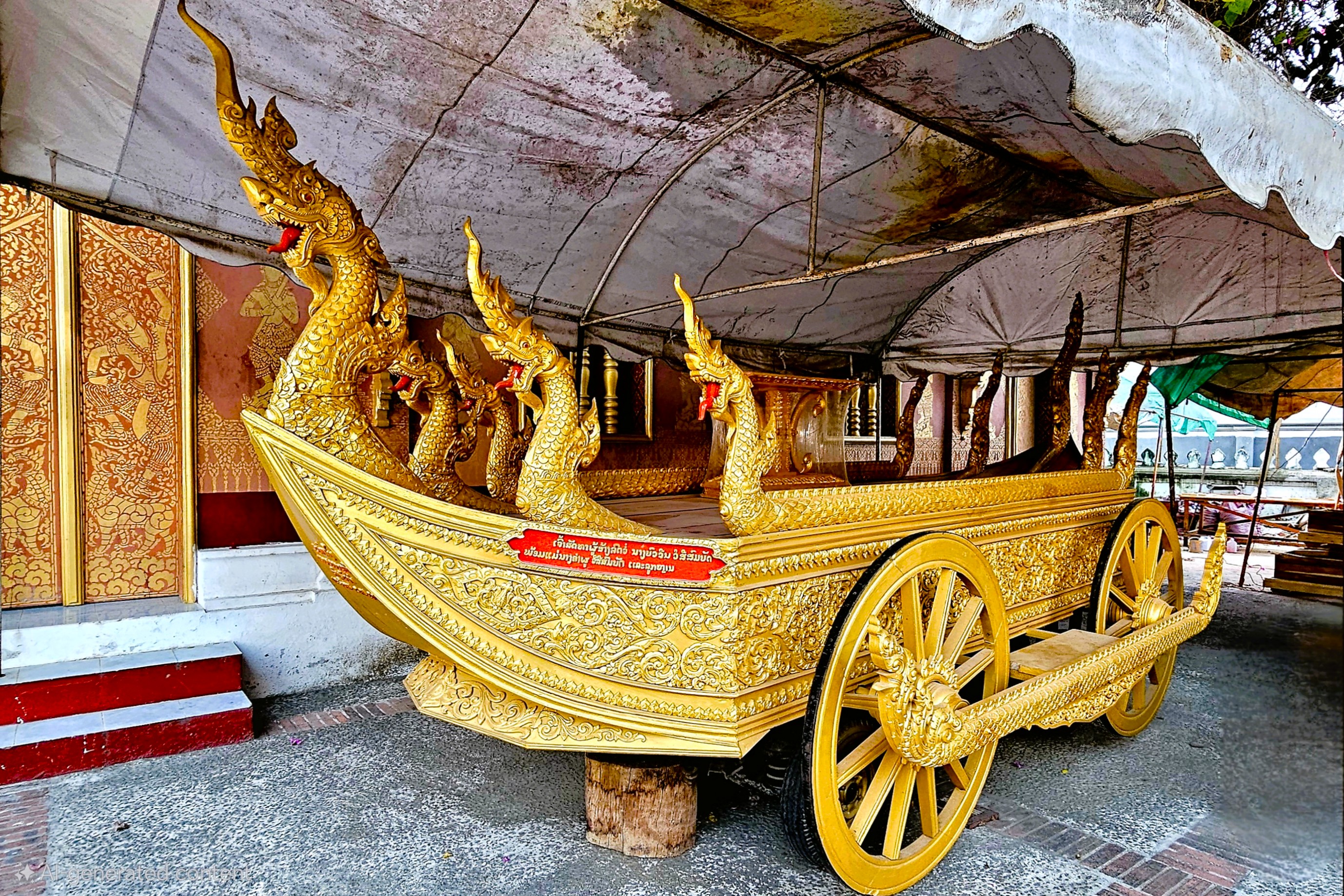 A decorative golden boat with intricate designs and dragon motifs, situated under a tent, showcasing traditional craftsmanship.
