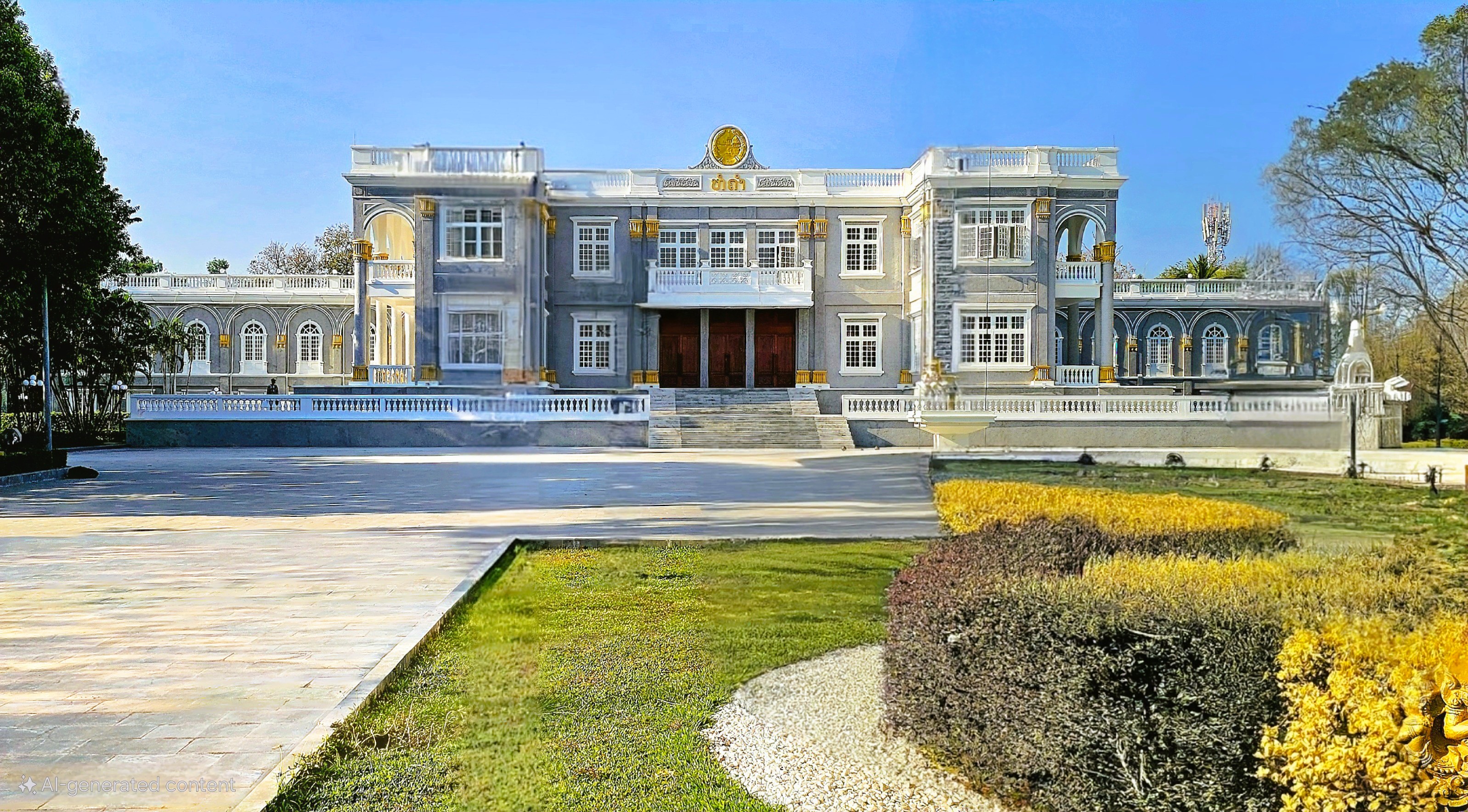 A large, modern building with a gray facade, white balconies, and ornate golden details, surrounded by well-maintained gardens and a clear blue sky.