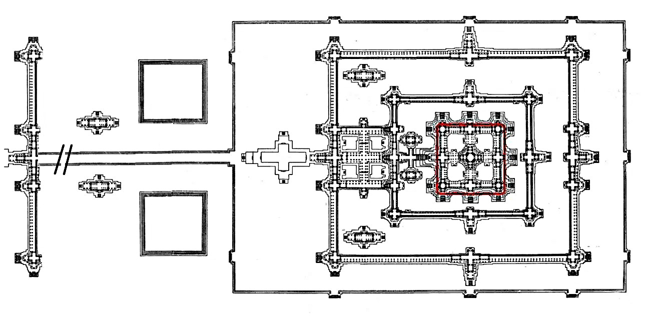 A detailed architectural plan of Angkor Wat, highlighting its complex layout and design features with marked sections in red.