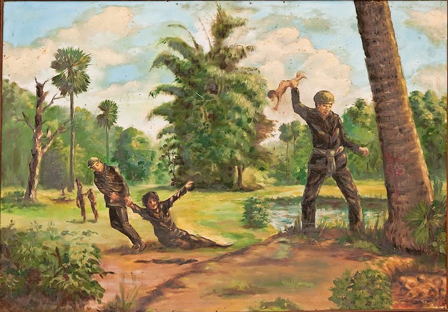 A painting depicting a scene of violence during the Khmer Rouge era, showing soldiers overpowering a person in a rural landscape.