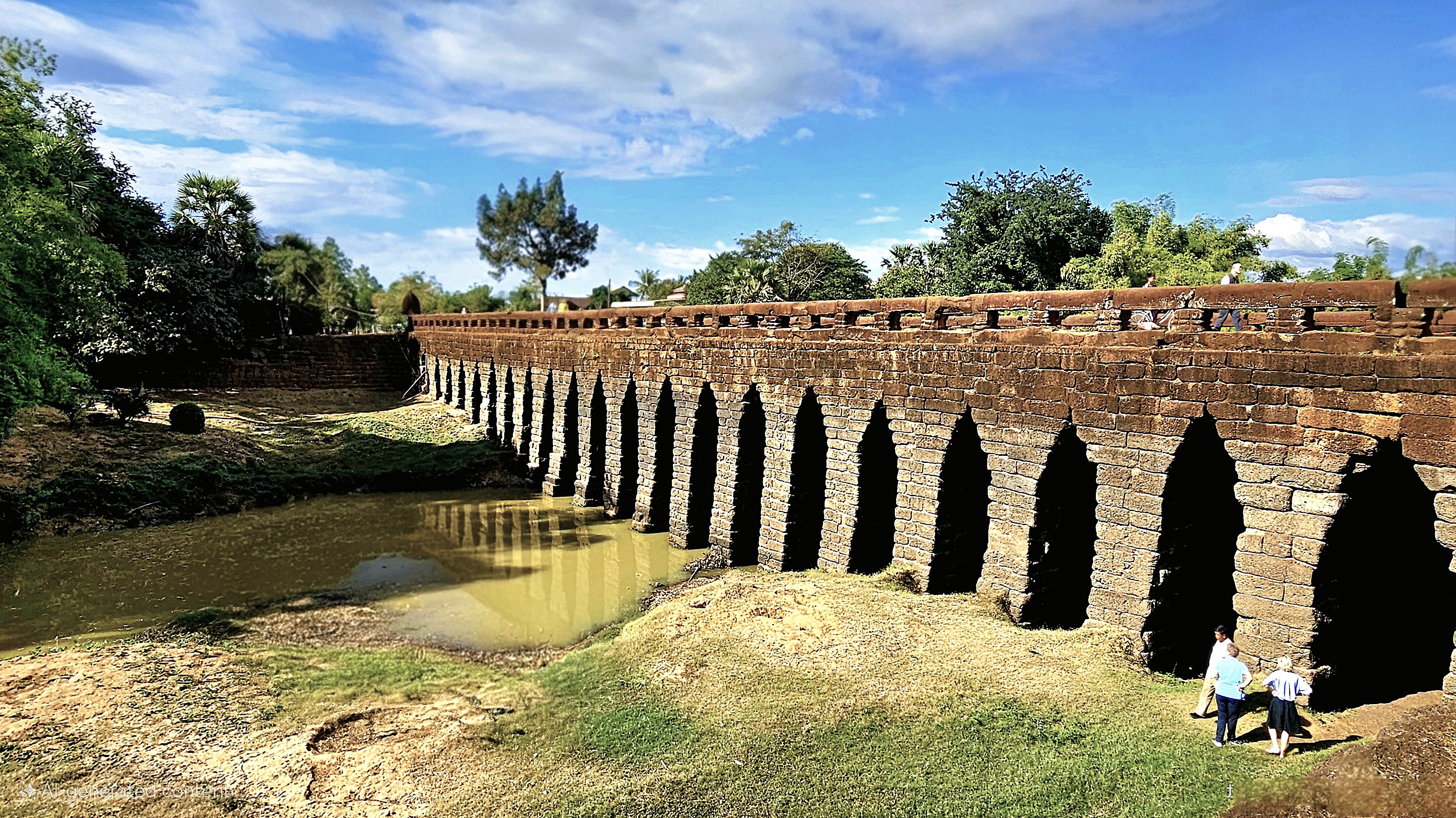 A view of the ancient Kampong Kdei Bridge, showcasing its impressive 12th-century architecture with multiple corbelled arches over a dry riverbed, set against a clear blue sky.