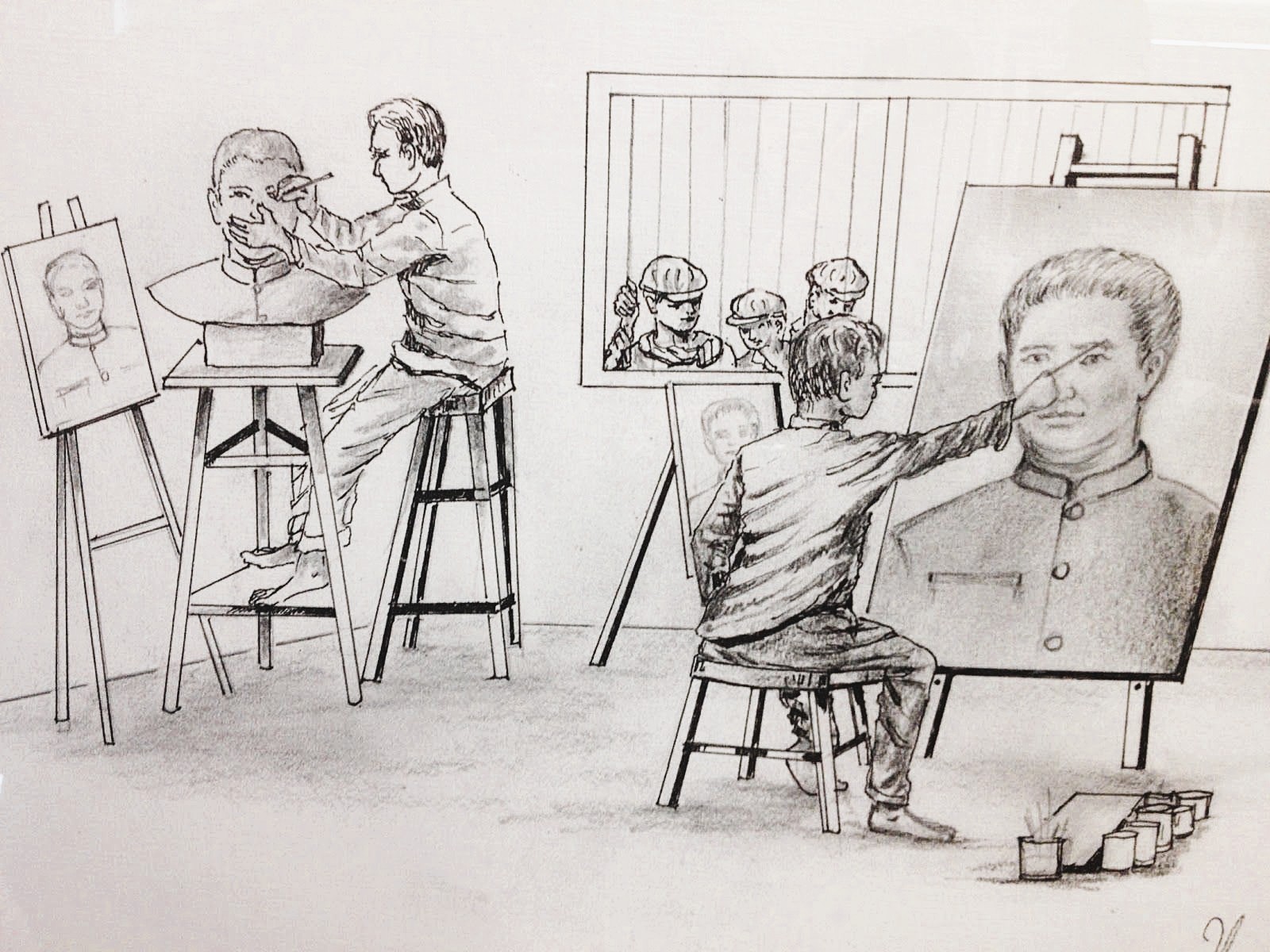 A black and white illustration depicting an artist sculpting a bust while painting a portrait of a man in a uniform, with additional sketches of other figures in the background.