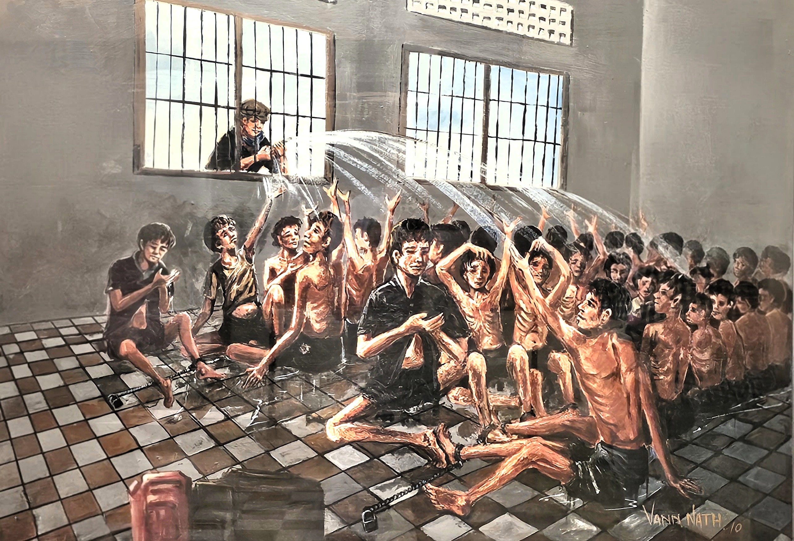 A mural depicting detainees at Tuol Sleng, illustrated by Vann Nath, showing survivors being doused with water in a grim prison setting.