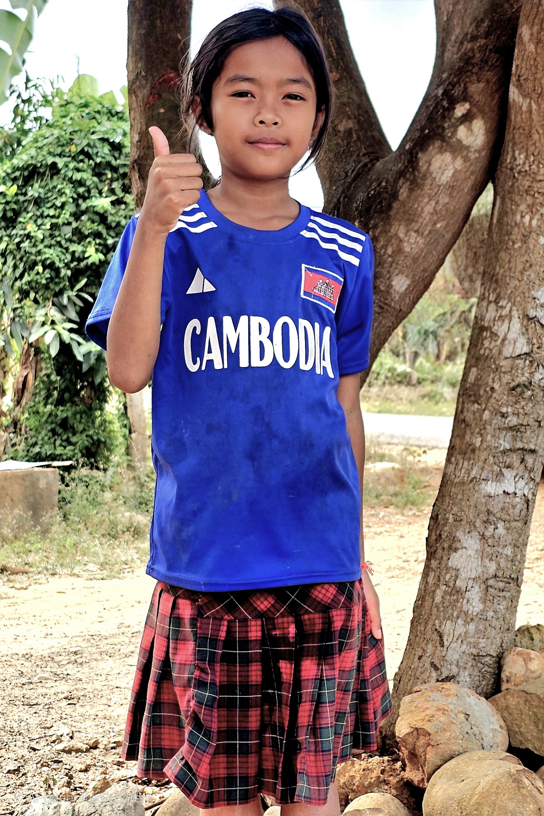 A young girl wearing a blue shirt with 'Cambodia' printed on it and a plaid skirt is giving a thumbs up while standing next to a tree.