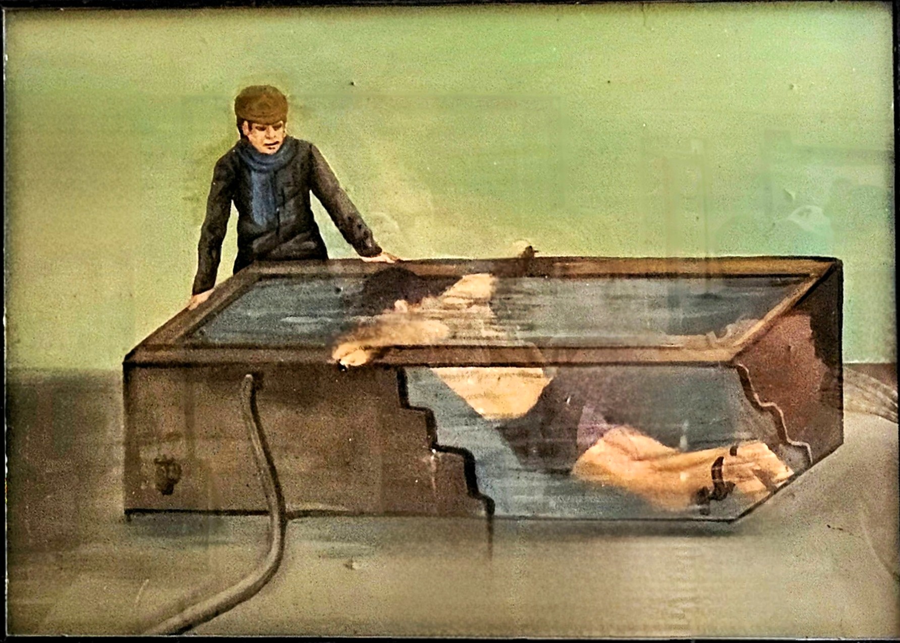 A depiction of a figure observing another person submerged in a water tank, evoking a sense of interrogation or torture associated with the Khmer Rouge regime.