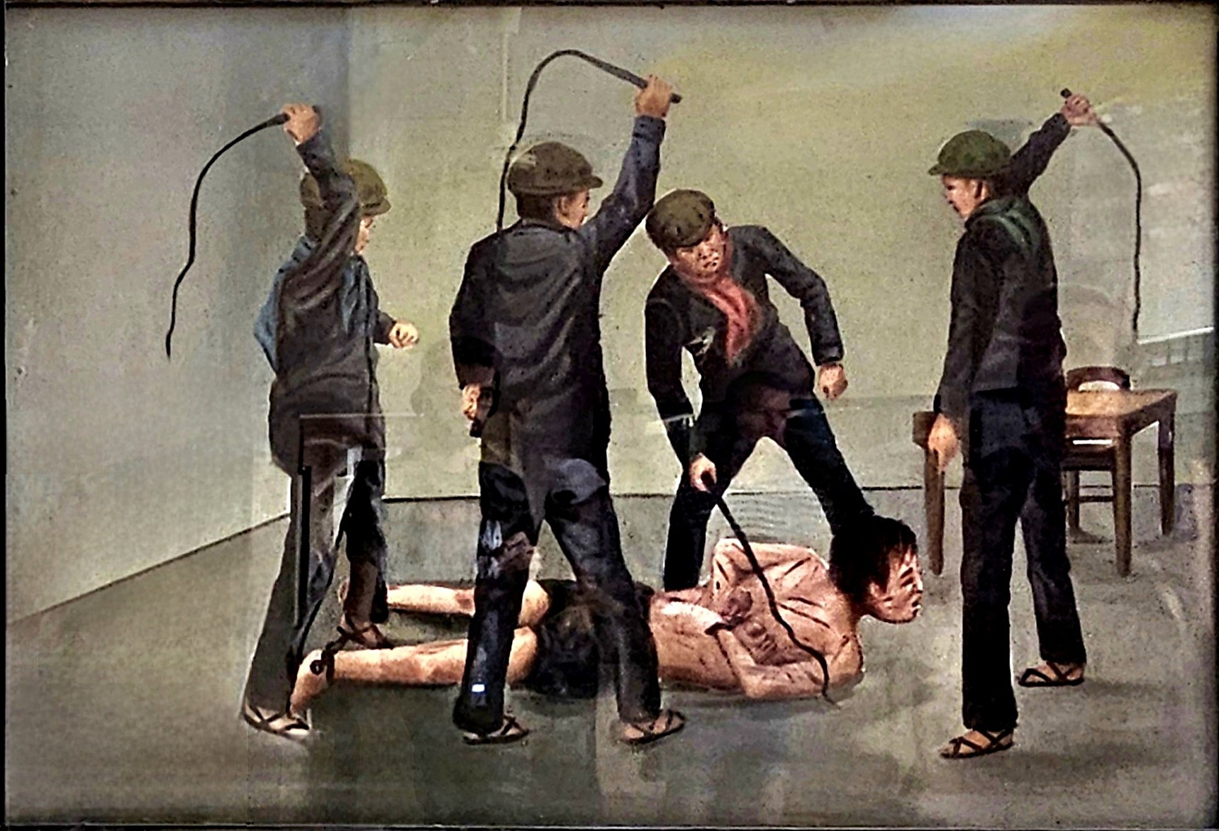 A dramatic depiction of a torture scene during the Khmer Rouge era, showing soldiers inflicting violence on a restrained individual.