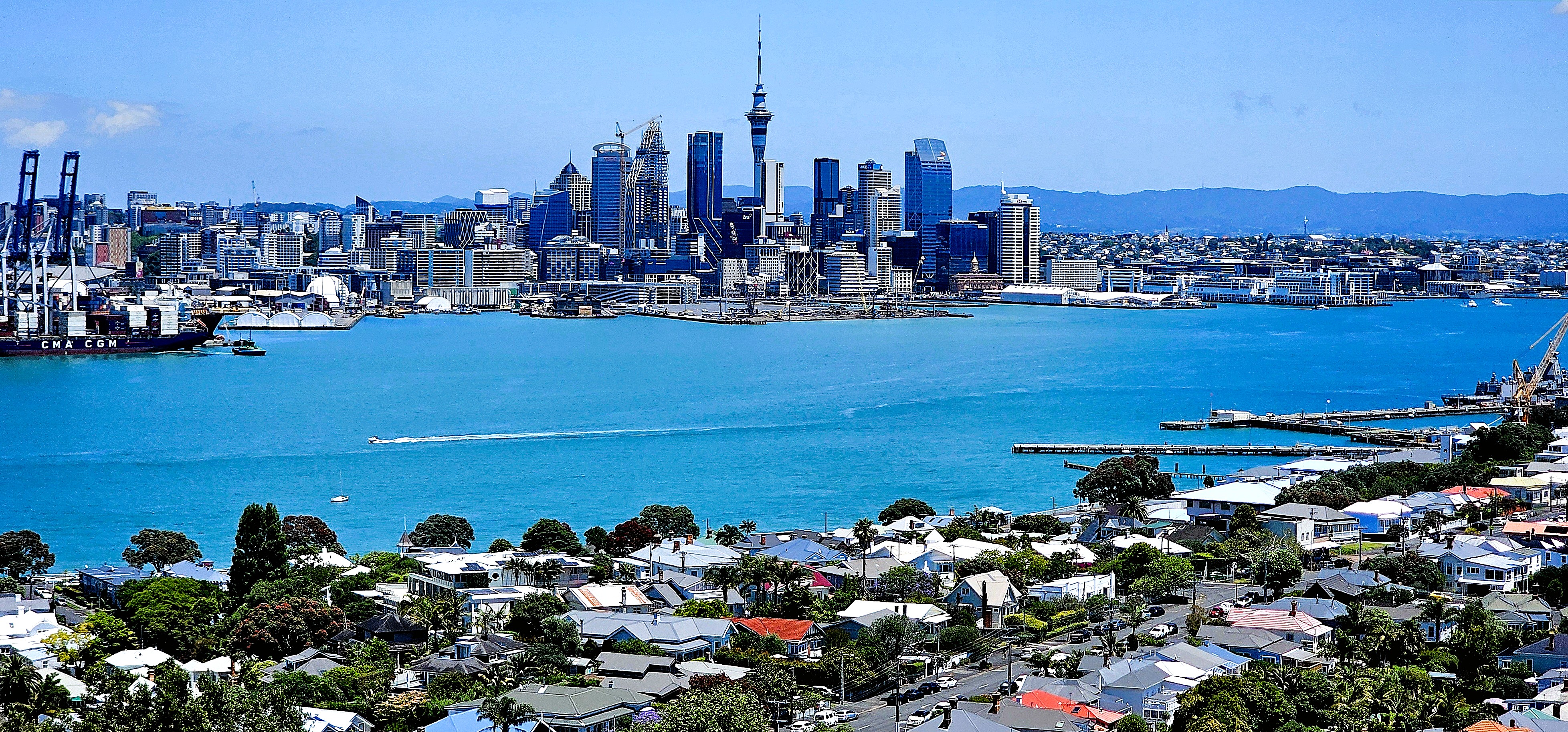 Wide view of Auckland's skyline with the Sky Tower, overlooking the blue waters of the harbor and residential areas in the foreground.